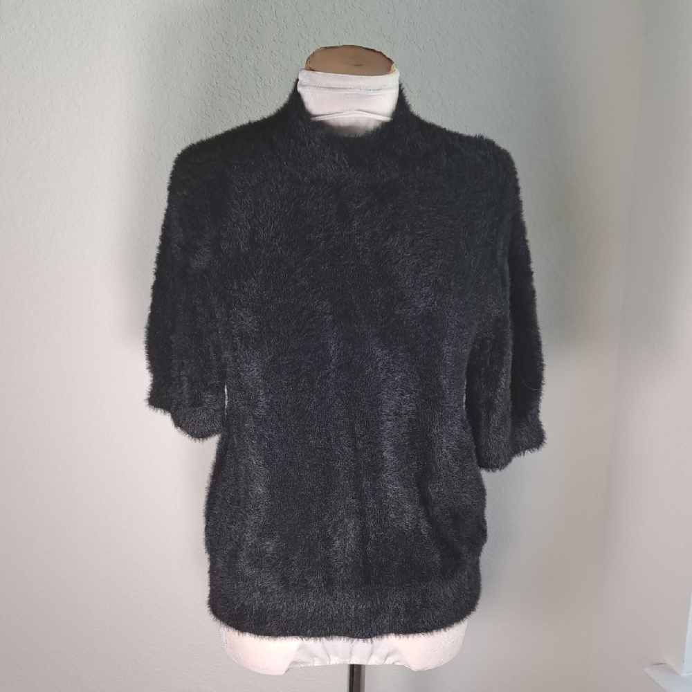 CeCe Women’s Black Sweater Short Puff Sleeve Mock-Neck Eyelash Knit Size Large